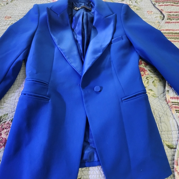 ZARA WOMEN TUXEDO JACKET DINNER FORMAL BLAZER INK BLUE  SIZE S W/ Pants XS - Picture 2 of 16